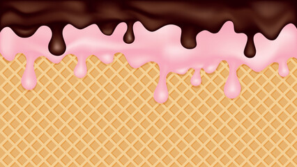Double chocolate and strawberry ice cream melted on a waffle cone background.