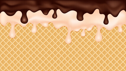 Double chocolate and vanilla ice cream melted on a waffle cone background.