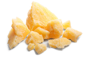 Pile of hard grainy mature cheese (Parmesan, Parmigiano), rough pieces isolated png