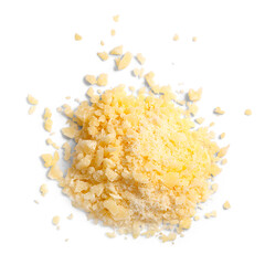 Grated Parmesan cheese (Parmigiano, Grana), pile of, top view isolated png - obrazy, fototapety, plakaty