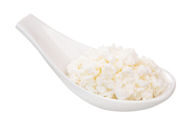 Fresh curd or cottage cheese, white ceramic spoon with or spoonful isolated png