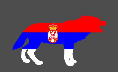 Serbian flag over wolf animal vector silhouette illustration isolated on background. Predator animal with open jaws. Serbia coat of arms national symbol. Tourist invite for Balkan travel trip.