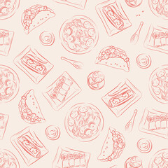 Seamless pattern with hand drawn asian food