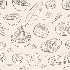 Seamless pattern with hand drawn asian food