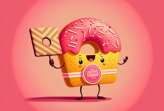 On a yellow background, a large strawberry pink glazed doughnut figure is seen holding a cinema clapper board. Generative AI