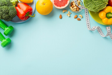 Slimming concept. Top view photo of plates with fruits and vegetables cabbage pepper cauliflower...