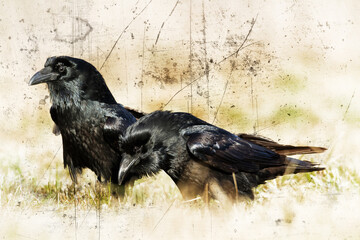 beautiful raven Corvus corax sitting on the branch North Poland Europe, old vintage filters - halloween