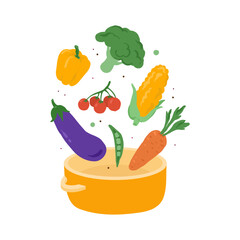 Hand drawn colorful vegetables and cooking pan, soup ingredients