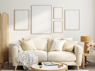 Gallery wall mockup in cozy living room interior, frame mockup, 3d render