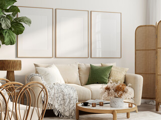 Frame mockup in cozy living room interior, frame mockup, 3d render