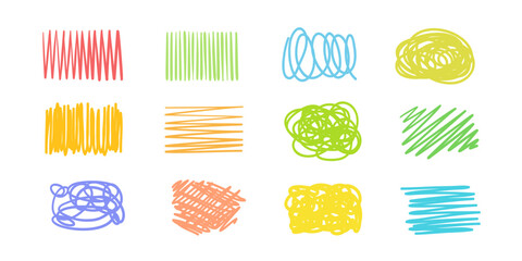 Hand drawn abstract hatchings on white. Chaotic patterns. Colorful illustration