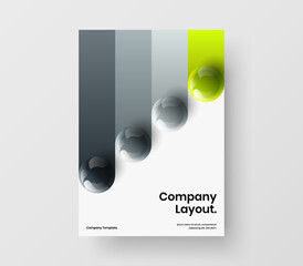 Multicolored company brochure design vector illustration. Geometric realistic spheres book cover concept.