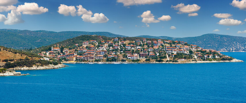 Summer Aegean sea and Pyrgadikia village coast view (Sithonia, Halkidiki, Greece).