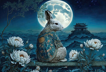  chinese jade rabbit overlooking a temple under the full moon, mid-autumn festival 2023, mid autumn day,  Tsukimi, Otsukimi, Chusok, Tết Trung Thu,  generative AI