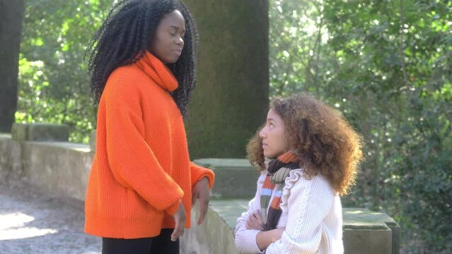 quarrel between teenagers - angry black girl harshly criticizes her friend