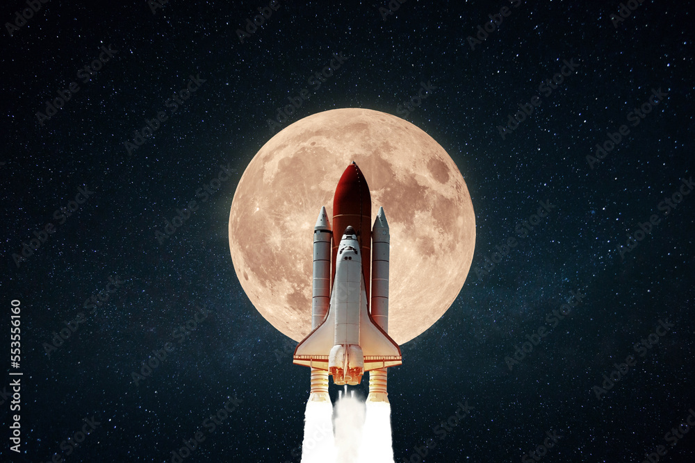 Poster amazing space shuttle rocket with blast successfully takes off into the starry sky with a big full m