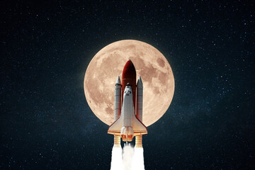 Amazing space shuttle rocket with blast successfully takes off into the starry sky with a big full...