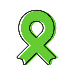 Awareness ribbon. Black outline. Lime green color. Geometrical shape. Vector illustration, flat design