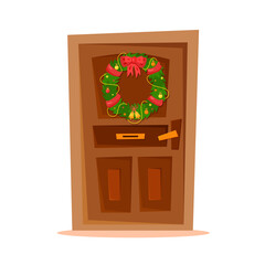 Vector flat illustration of decorated door with Christmas wreath. Cartoon home entrance with decorative stars and balls on white background. Funny Christmas emblem for winter greeting card or print