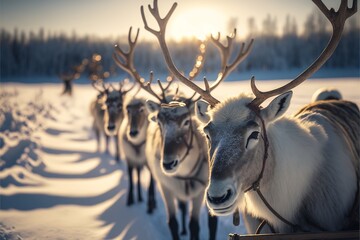 Reindeer in winter - obrazy, fototapety, plakaty