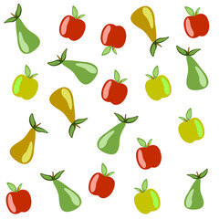 illustrazione con frutti di mela e pera con fglie e piccioli su sfondo trasparente 