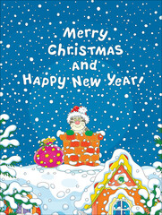 Happy New Year and Merry Christmas card with a funny cat in a Santa hat peeking out of an old bricky chimney on a snowy housetop with a bag of holiday gifts, vector cartoon illustration