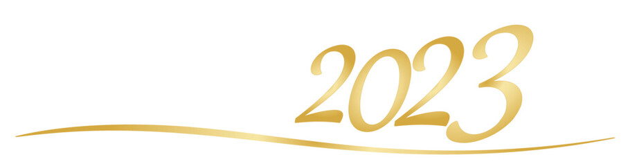 Banner mit Jahreszahl 2023 in Gold auf weißem Hintergrund. - obrazy, fototapety, plakaty
