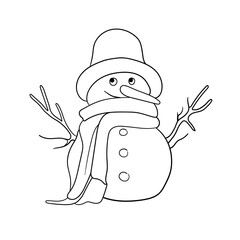 Snowman line art on a white background. New year sketch outline. Christmas vector illustration