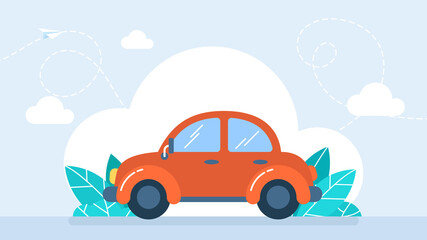 A cartoon red car on a background of white clouds and green plants. Car icon. Auto simple silhouette. Modern, minimalist icon. Web site page and mobile app. Flat design. Illustration