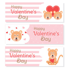 Happy Valentine’s day horizontal web header banner template set. Cute cartoon love and heart tag on pink background collection . Vector illustration.