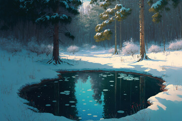 winter, snow, In the dense primeval forest there was a pool of water after the rain, frozen lake, sun light, winter landscape art