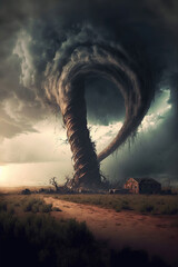 Tornado. Digital art. Massive tornado, cyclone on land with huge clouds. Thunderstorm, post apocalyptic feeling. Art landscape of natural disaster. Fantasy wallpaper