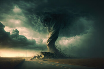 Tornado. Digital art. Massive tornado, cyclone on land with huge clouds. Thunderstorm, post apocalyptic feeling. Art landscape of natural disaster. Fantasy wallpaper