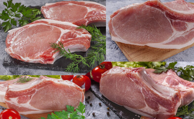collage of raw pork steaks with tomatoes and herbs