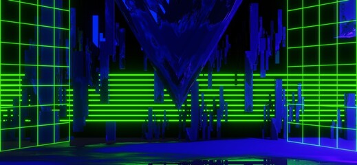gaming background abstract wallpaper, cyberpunk style scifi game, neon glow of stage scene in pedestal room, 3d illustration rendering, esports team concept