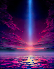 Beam of light through cosmos and sky, beautiful beam on pink purple and orange background, fantasy backdrop, illustration, digital