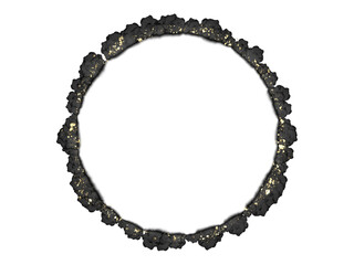 Black abstract circle frame, paint brush smudge, smoke texture with golden path, isolated graphic design element, brushstroke, hand drawn art for backgrounds, watercolor paint, monochrome	