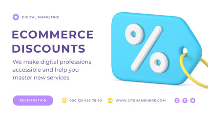 E commerce online shopping sale discount tag rope percentage social media banner 3d icon vector illustration. Digital store clearance marketing financial strategy order goods purchase special offer