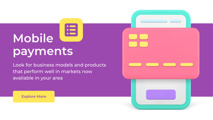 Mobile phone credit card payment digital application service social media banner 3d icon vector illustration. Commercial pay banking financial transaction retail communication electronic technology