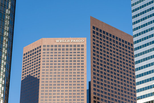 Los Angeles, CA, USA - July 5, 2022: Wells Fargo office building in Los Angeles, CA, USA. Wells Fargo and Company is an American multinational financial services company. 