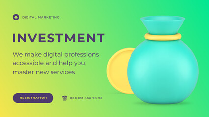 Financial business investment earning savings accounting deposit management social media banner 3d icon vector illustration. Banking cash money coin sack income profit safety commercial storage