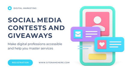 Social media contest and giveaway internet promo smartphone application web banner 3d icon vector illustration. Marketing special offer cyberspace communication digital competition bonus reward