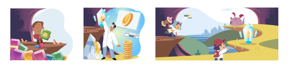 Fototapeta premium Play to earn games created on basis of blockchain project with elements of NFT, main purpose of earning. Player earn money by playing. Virtual character development business. Cryptocurrency game.