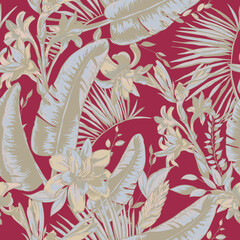 Vintage tropical flowers and leaves seamless pattern on red