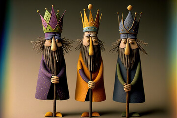 Illustration of beautiful figures of the tree wise men holding sticks, with long beards, long tunics, colorful crowns 