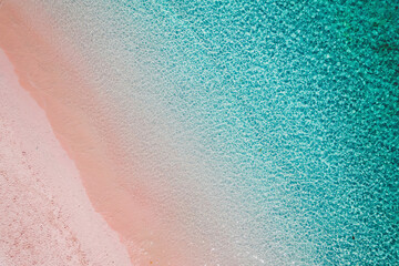 View taken directly above of a pink sand beach along the shore of Padar Island in Komodo National Park; East Nusa Tenggara, Lesser Sunda Islands, Indonesia
