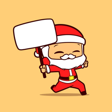 graphic mascot of Santa Claus holding a square board