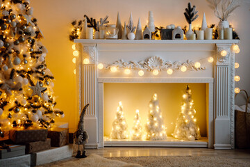 
christmas interior. magical glowing Christmas tree, fireplace and gifts
