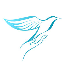 Dove bird and hand logo. Flying wings, freedom concept. Beautiful symbolic animal silhouette isolated on light background. Flight icon. Elegant, decorative style graphic illustration.