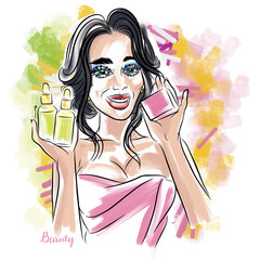 Beauty illustration, beautiful girl with jars of creams and serums for the skin, freehand